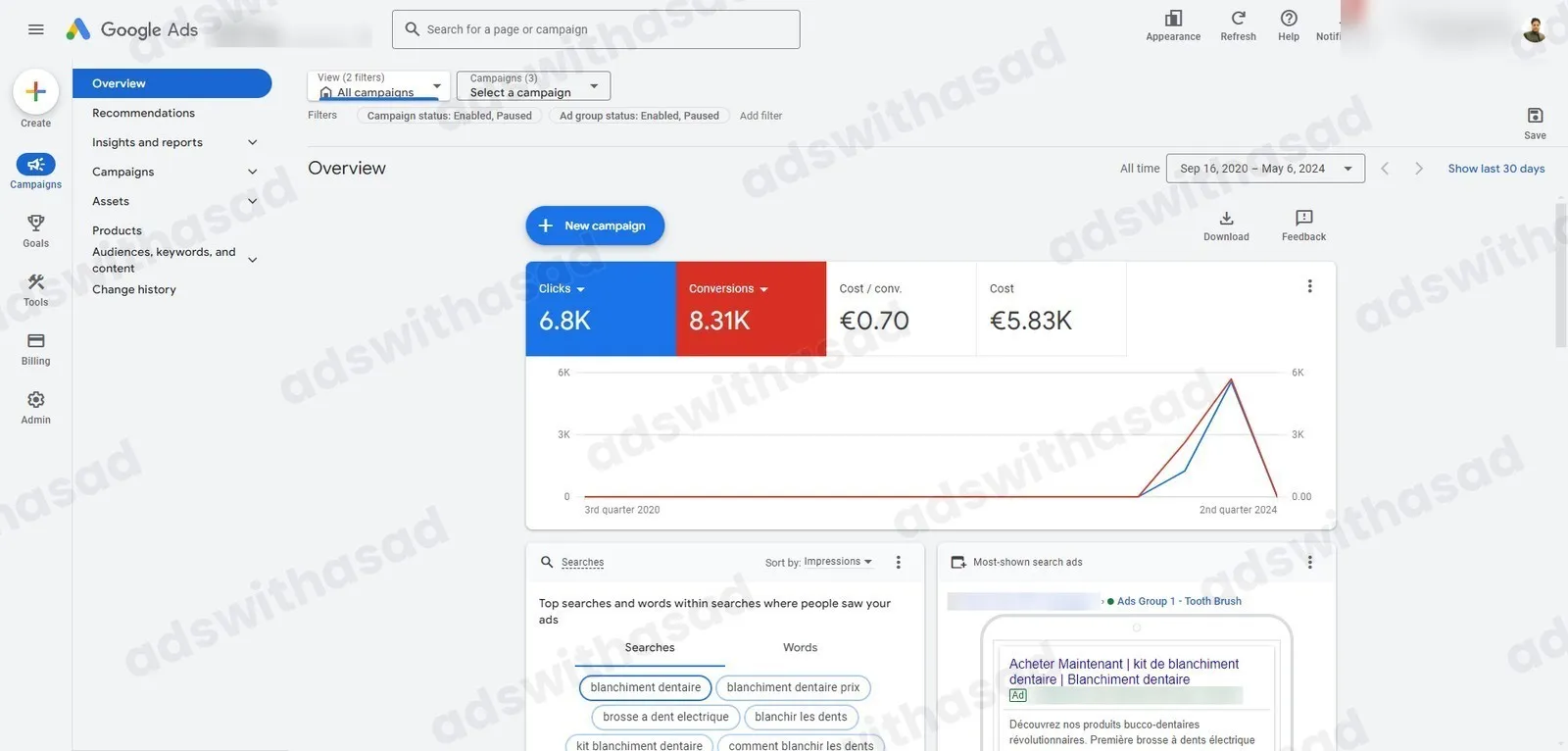 Google Ads results: Google Ads for a Belgian Teeth Whitening Store: 8.31K Conversions at €0.70 Each