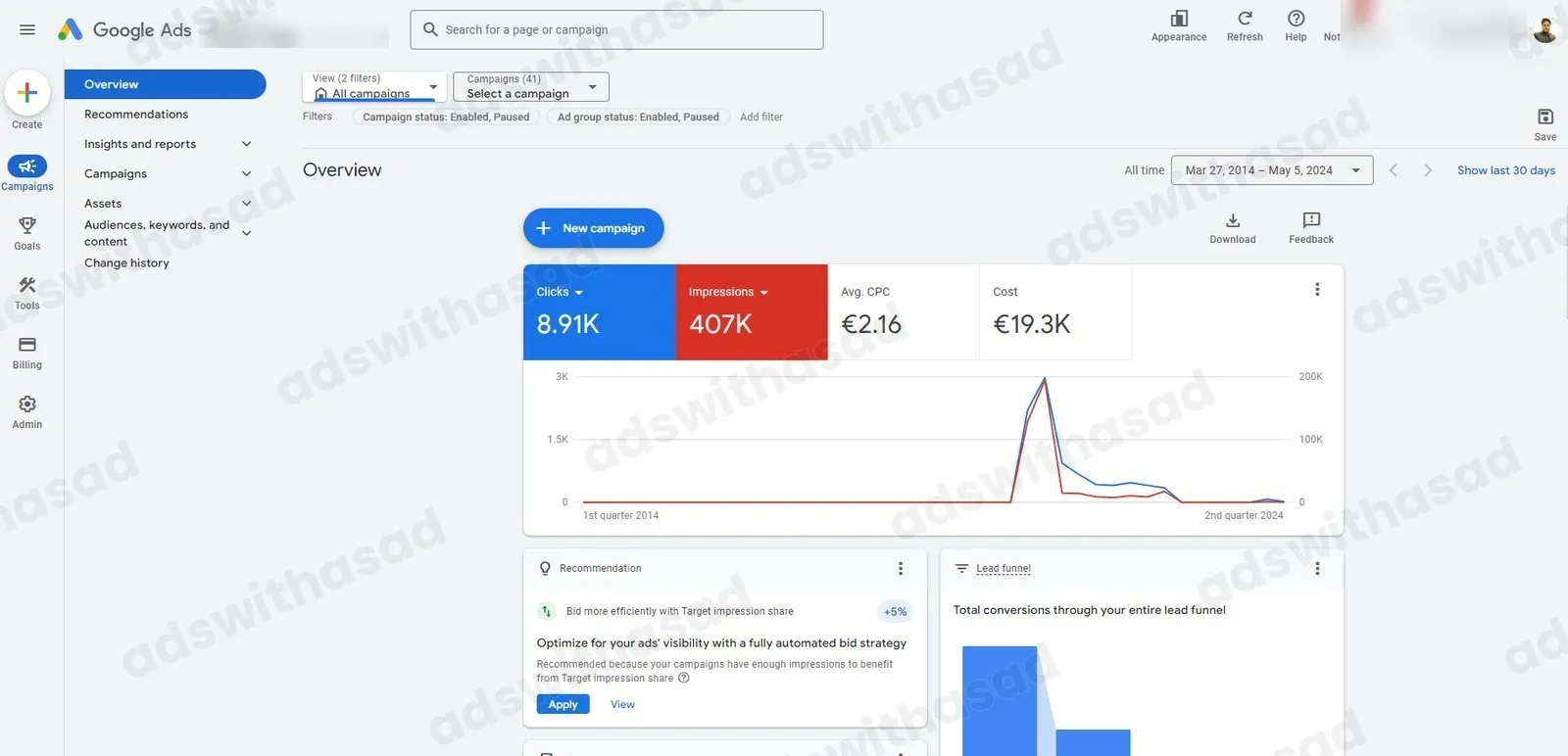 Google Ads results: Long-Term Google Ads Account: 8.91K Clicks and 407K Impressions Across 41 Campaigns